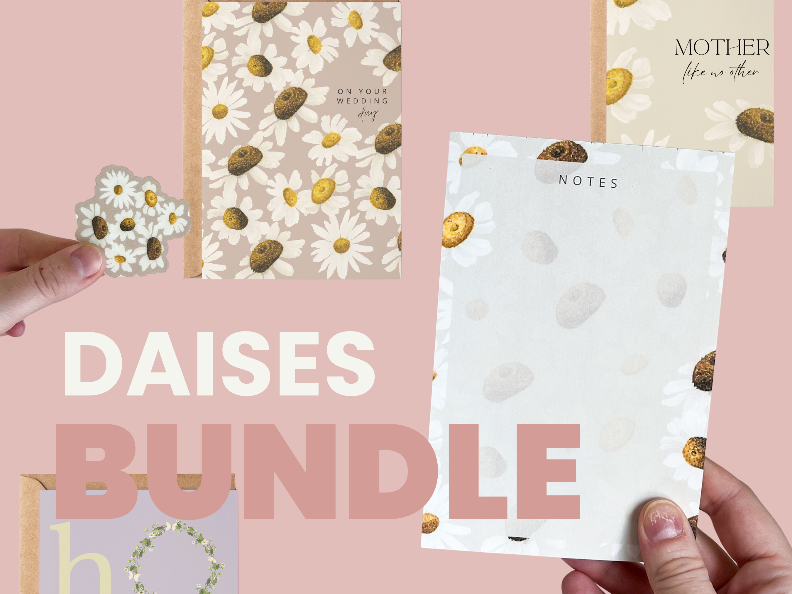 White Daisies Greeting Card, Notepad and Sticker Bundle