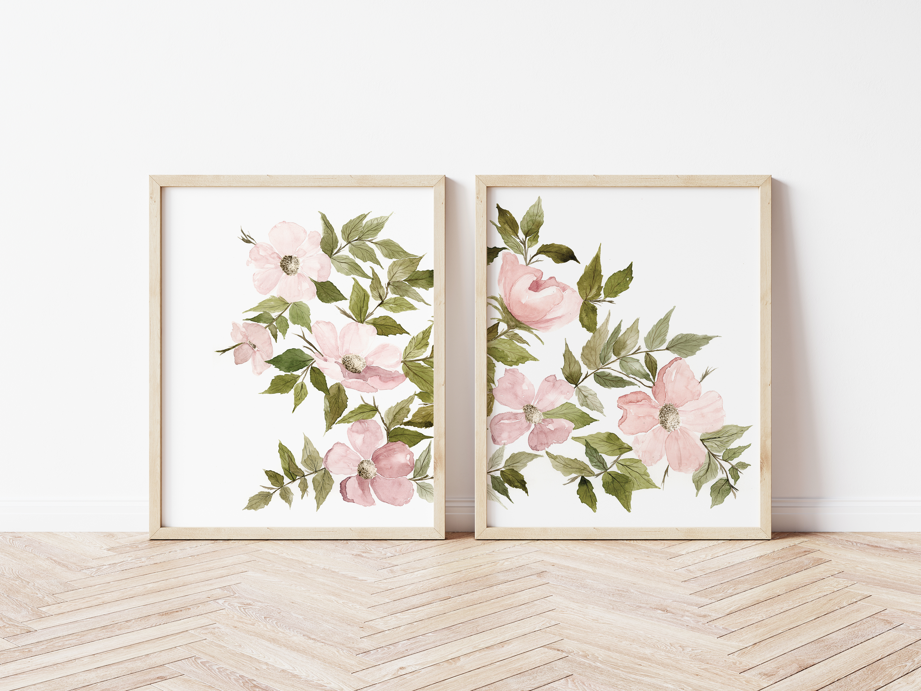 Set of Two Pink Wild Roses Art Print