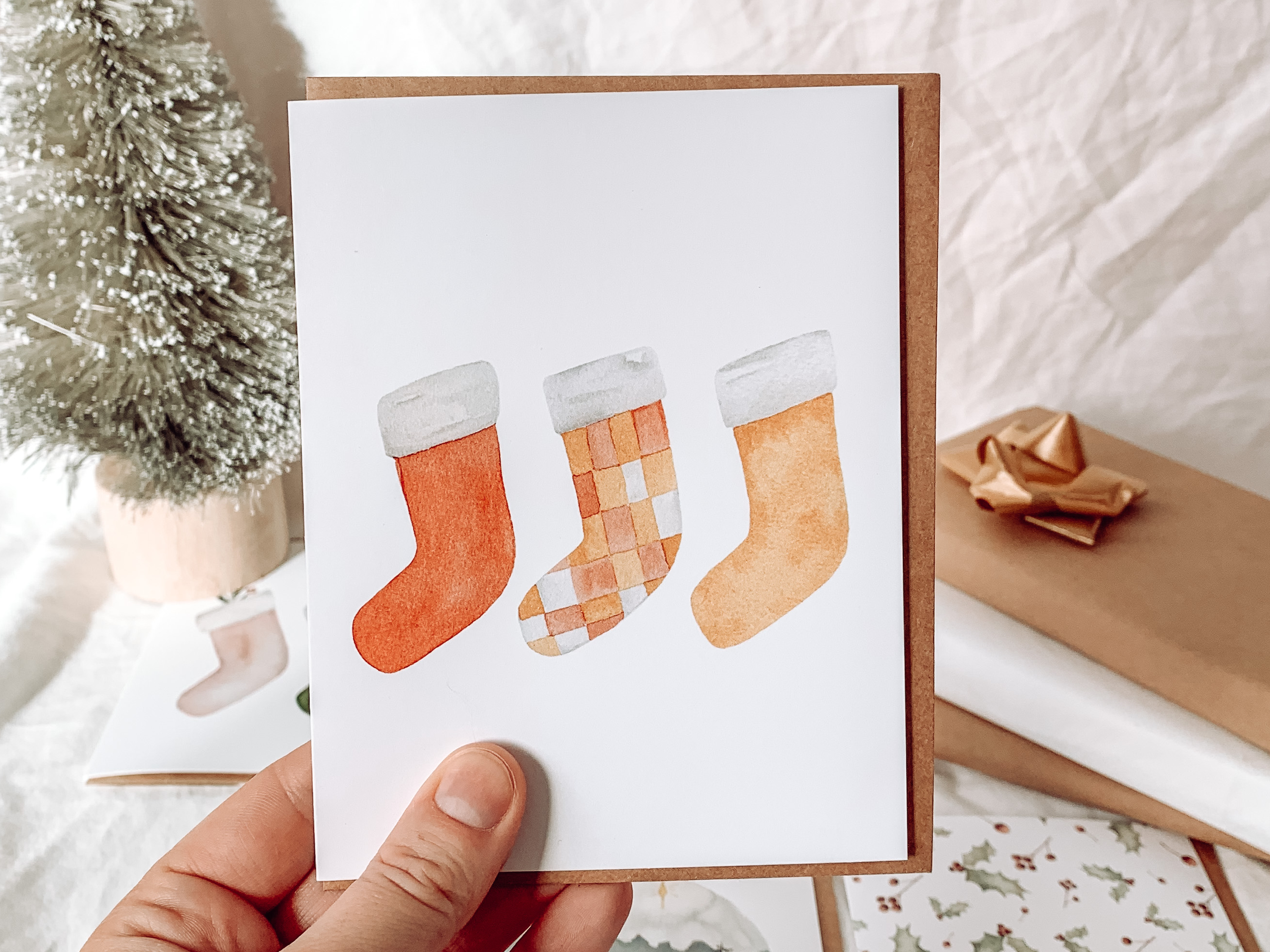 Checkered Orange Christmas Stocking Card