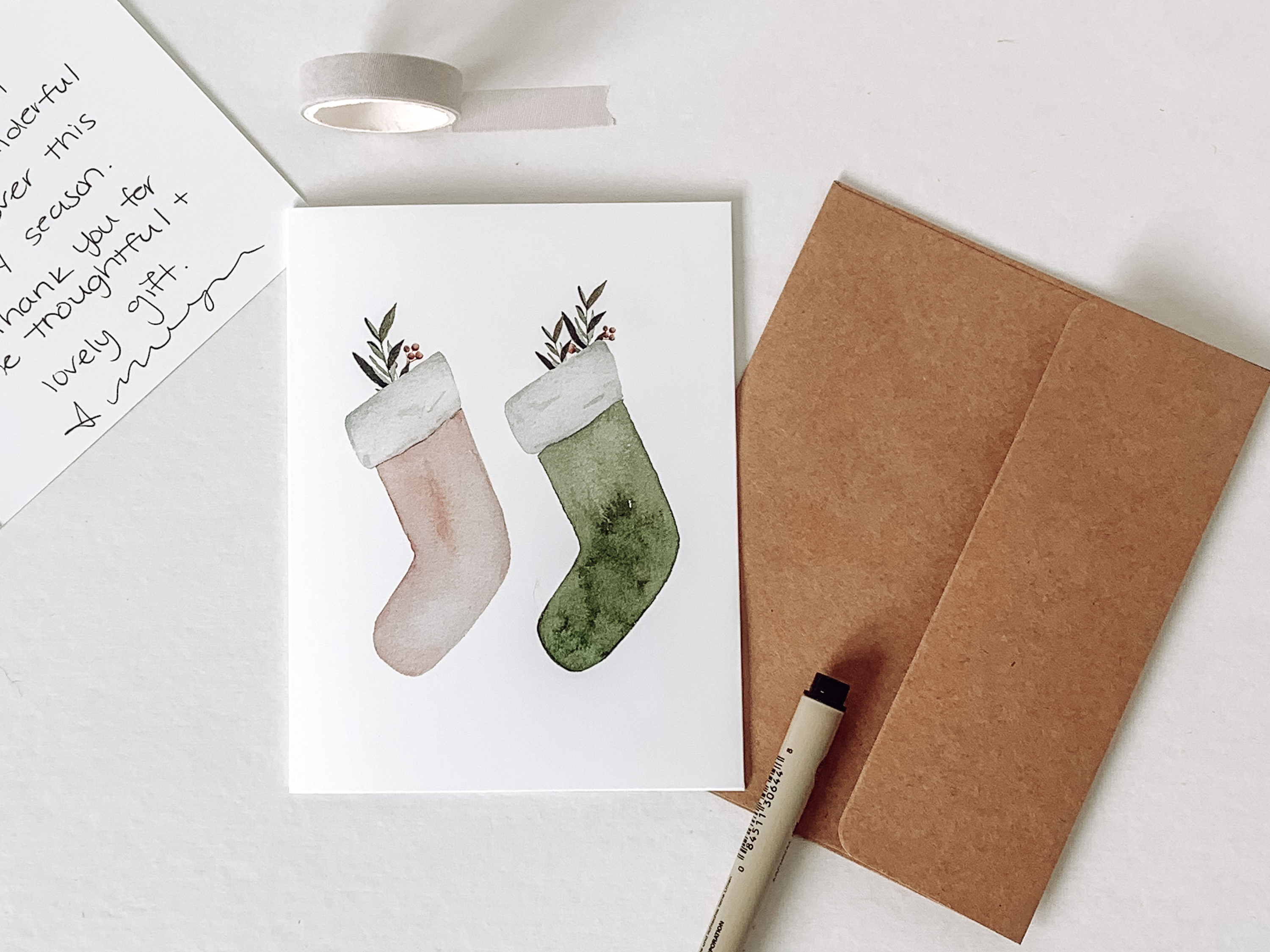 Pink and Green Christmas Stockings Card